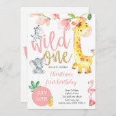 ワイルドワンサファリジャングルガールファースト誕生日ピンク 招待状 (正面/裏面)