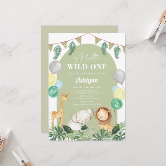 ワイルドワンサファリジャングルグリーンリーボーイ赤ちゃんシャワー 招待状 (正面/裏面インサイチュ)