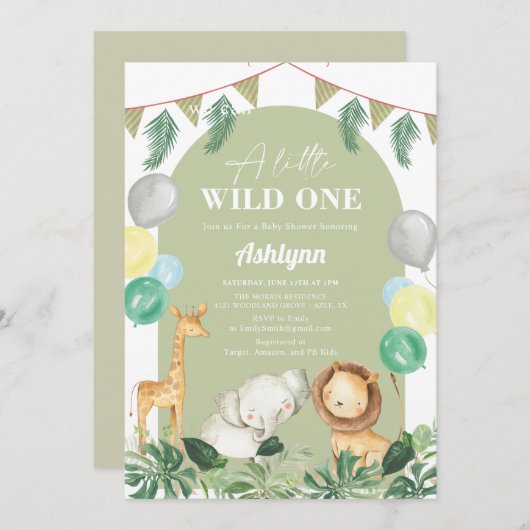ワイルドワンサファリジャングルグリーンリーボーイ赤ちゃんシャワー 招待状 (正面/裏面)