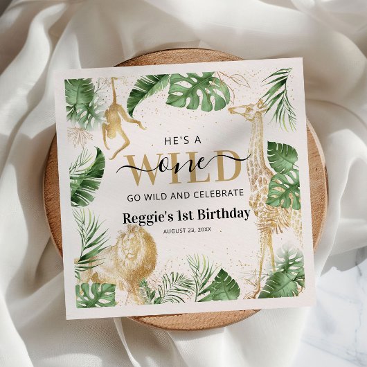 ワイルドワンサファリジャングルグリーン&金ゴールド1st誕生日 スタンダードカクテルナプキン