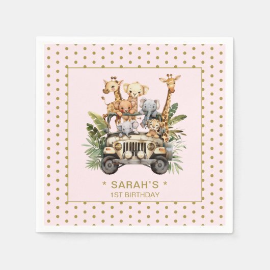 ワイルドワンサファリジャングルピンク1st第1誕生日 スタンダードカクテルナプキン (正面)