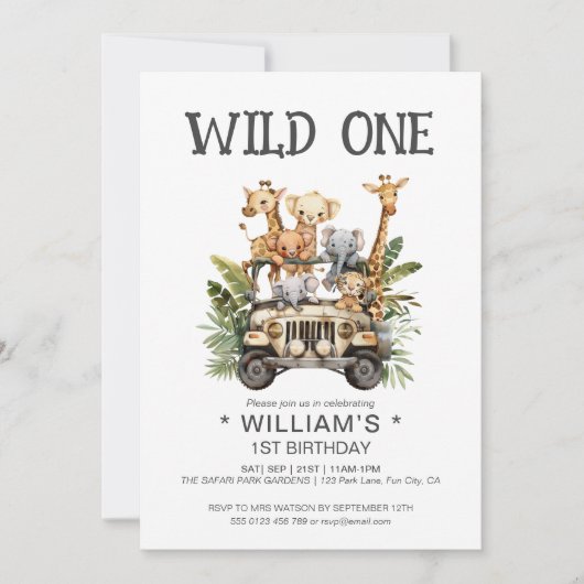 ワイルドワンサファリジャングルファーストファースト誕生日 招待状 (正面)