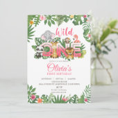 ワイルドワンサファリジャングルファースト誕生日ベイビーガール 招待状 (スタンド正面)
