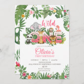 ワイルドワンサファリジャングルファースト誕生日ベイビーガール 招待状 (正面/裏面)