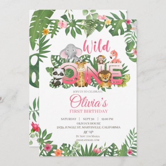 ワイルドワンサファリジャングルファースト誕生日ベイビーガール 招待状 (正面/裏面)