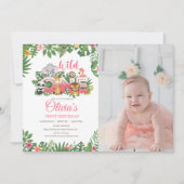 ワイルドワンサファリジャングルファースト誕生日ベビーガール 招待状 (正面)