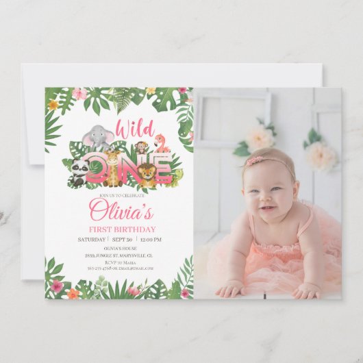 ワイルドワンサファリジャングルファースト誕生日ベビーガール 招待状 (正面)