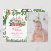 ワイルドワンサファリジャングルファースト誕生日ベビーガール 招待状 (正面/裏面)