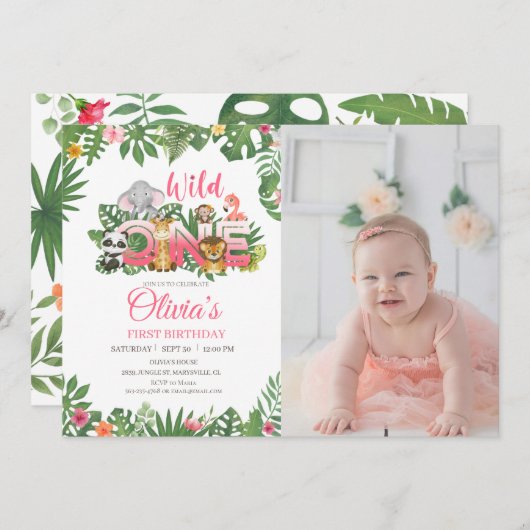 ワイルドワンサファリジャングルファースト誕生日ベビーガール 招待状 (正面/裏面)