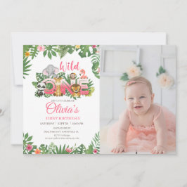 ワイルドワンサファリジャングルファースト誕生日ベビーガール 招待状