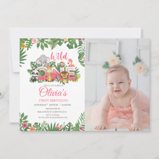 ワイルドワンサファリジャングルファースト誕生日ベビーガール 招待状