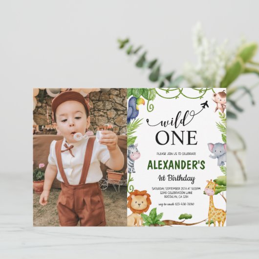 ワイルドワンサファリジャングルフォトウォーターカラー誕生日 招待状 (スタンド正面)