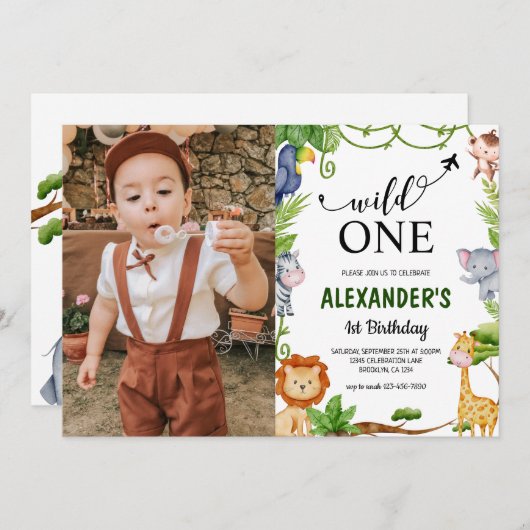 ワイルドワンサファリジャングルフォトウォーターカラー誕生日 招待状 (正面/裏面)