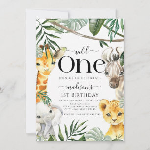 ワイルドワンサファリジャングル動物の少年1歳の誕生日 招待状