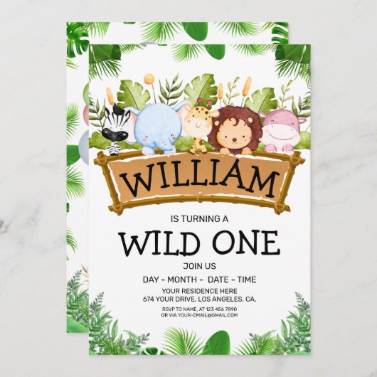 ワイルドワンサファリジャングル動物の誕生日写真 招待状 (正面/裏面)