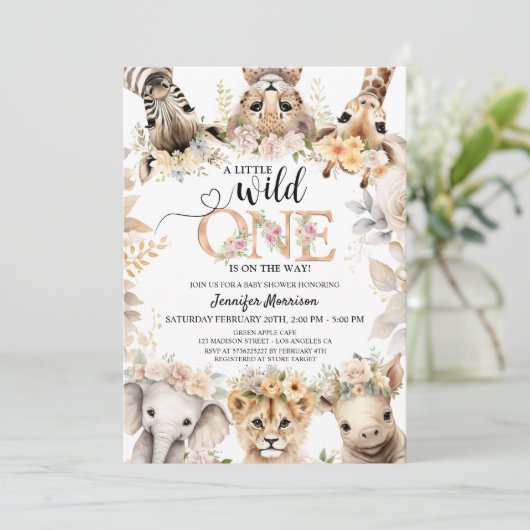 ワイルドワンサファリジャングル動物ガールベビーシャワー 招待状 (スタンド正面)