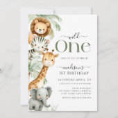 ワイルドワンサファリジャングル動物ボーイワンバースデーインベンション 招待状 (正面)