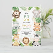 ワイルドワンサファリジャングル動物子供の誕生日 招待状 (スタンド正面)