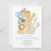 ワイルドワンサファリジャングル動物金ゴールド緑かわいい 招待状 (正面)