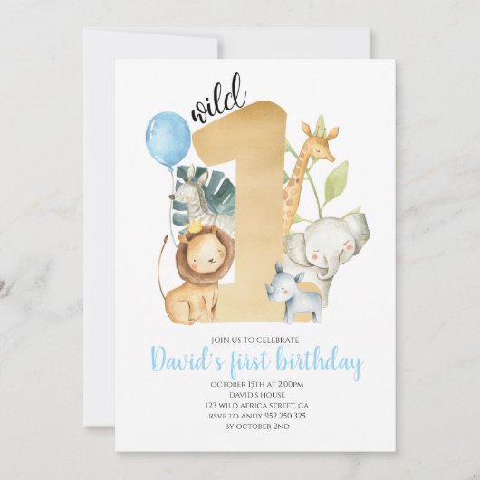 ワイルドワンサファリジャングル動物金ゴールド緑かわいい 招待状 (正面)