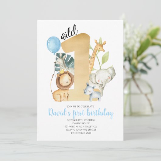 ワイルドワンサファリジャングル動物金ゴールド緑かわいい 招待状 (スタンド正面)