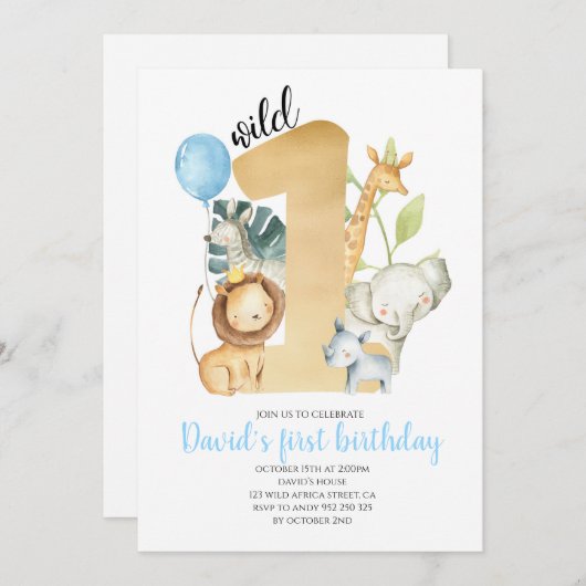ワイルドワンサファリジャングル動物金ゴールド緑かわいい 招待状 (正面/裏面)