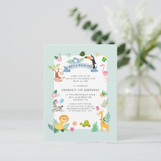 ワイルドワンサファリジャングル動物1歳の誕生日 インビテーションポストカード (スタンド正面)