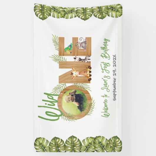 ワイルドワンサファリジャングル動物1st誕生日の写真 横断幕 (縦)