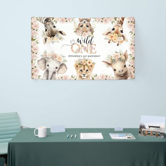 ワイルドワンサファリジャングル動物1st誕生日パーティー 横断幕 (トレードショー)