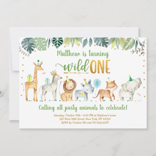 ワイルドワンサファリジャングル誕生日 招待状 (正面)