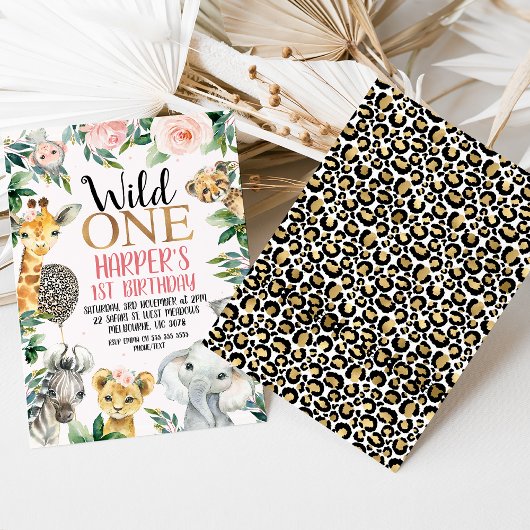 ワイルドワンサファリチータープリントバルーン1歳の誕生日 招待状