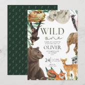 ワイルドワンサファリテーマの1歳誕生日 招待状 (正面/裏面)