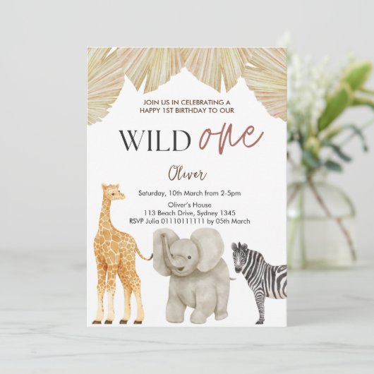 ワイルドワンサファリテーマファースト誕生日招待状 招待状 (スタンド正面)