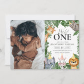 ワイルドワンサファリテーマフォトファースト誕生日 招待状 (正面)