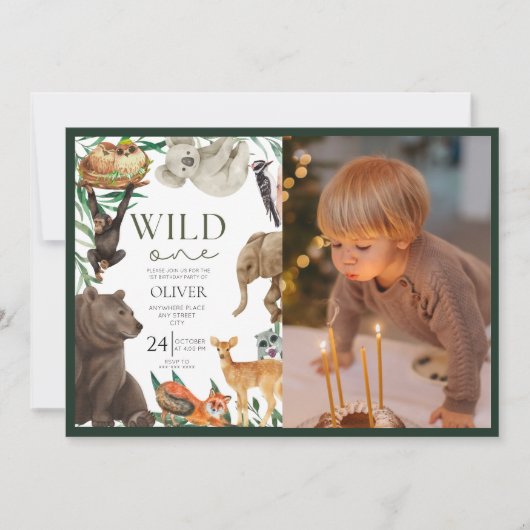 ワイルドワンサファリテーマ写真の最初の誕生日 招待状 (正面)