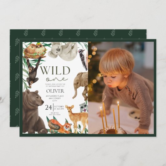 ワイルドワンサファリテーマ写真の最初の誕生日 招待状 (正面/裏面)