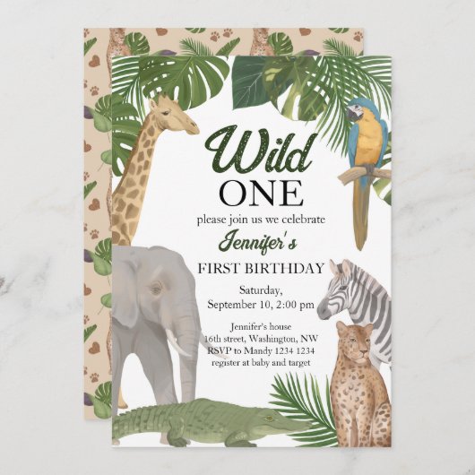 ワイルドワンサファリトロピック誕生日招待状 招待状 (正面/裏面)