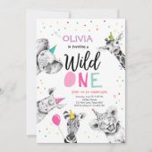 ワイルドワンサファリパーティーアニマルガールファースト誕生日 招待状 (正面)