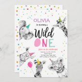 ワイルドワンサファリパーティーアニマルガールファースト誕生日 招待状 (正面/裏面)