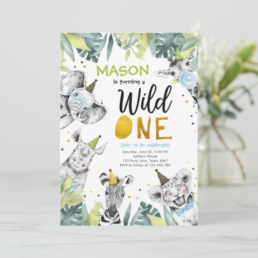 ワイルドワンサファリパーティーアニマルズボーイファースト誕生日 招待状 (スタンド正面)