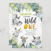 ワイルドワンサファリパーティーアニマルズボーイファースト誕生日 招待状 (正面/裏面)