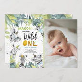 ワイルドワンサファリパーティーアニマルボーイファースト誕生日I 招待状 (正面/裏面)