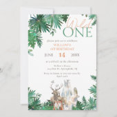 ワイルドワンサファリパーティージャングル動物1日の誕生日 招待状 (正面)