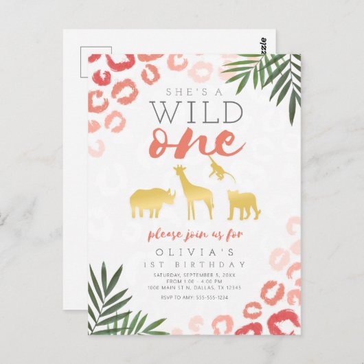 ワイルドワンサファリピンクと金ゴールド1歳 ポストカード (正面/裏面)