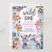 ワイルドワンサファリピンクガールヒョウ誕生日パーティー 招待状 (正面)