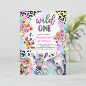 ワイルドワンサファリピンクガールヒョウ誕生日パーティー 招待状 (スタンド正面)