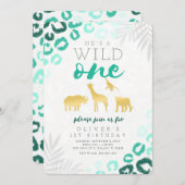 ワイルドワンサファリブルー&金ゴールド1歳誕生日 招待状 (正面/裏面)