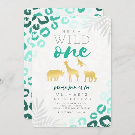 ワイルドワンサファリブルー&金ゴールド1歳誕生日 招待状 (正面/裏面)