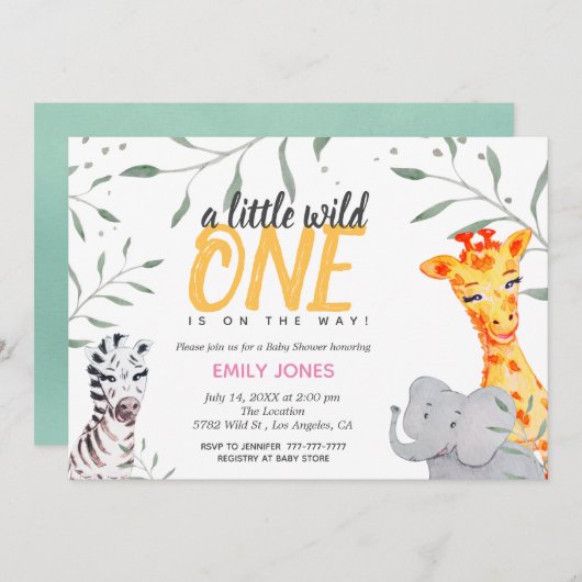 ワイルドワンサファリベイビーシャワーガール招待状 招待状 (正面/裏面)