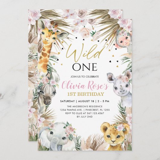 ワイルドワンサファリボホパンパスアニマルズ1st誕生日 招待状 (正面/裏面)